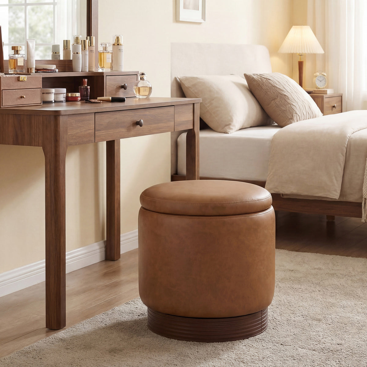 Round Storage Ottoman with Faux Leather, Brown - Acacia Wood