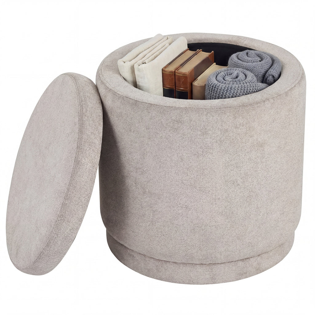 Round Storage Ottoman with Removable Lid, Beige Chenille