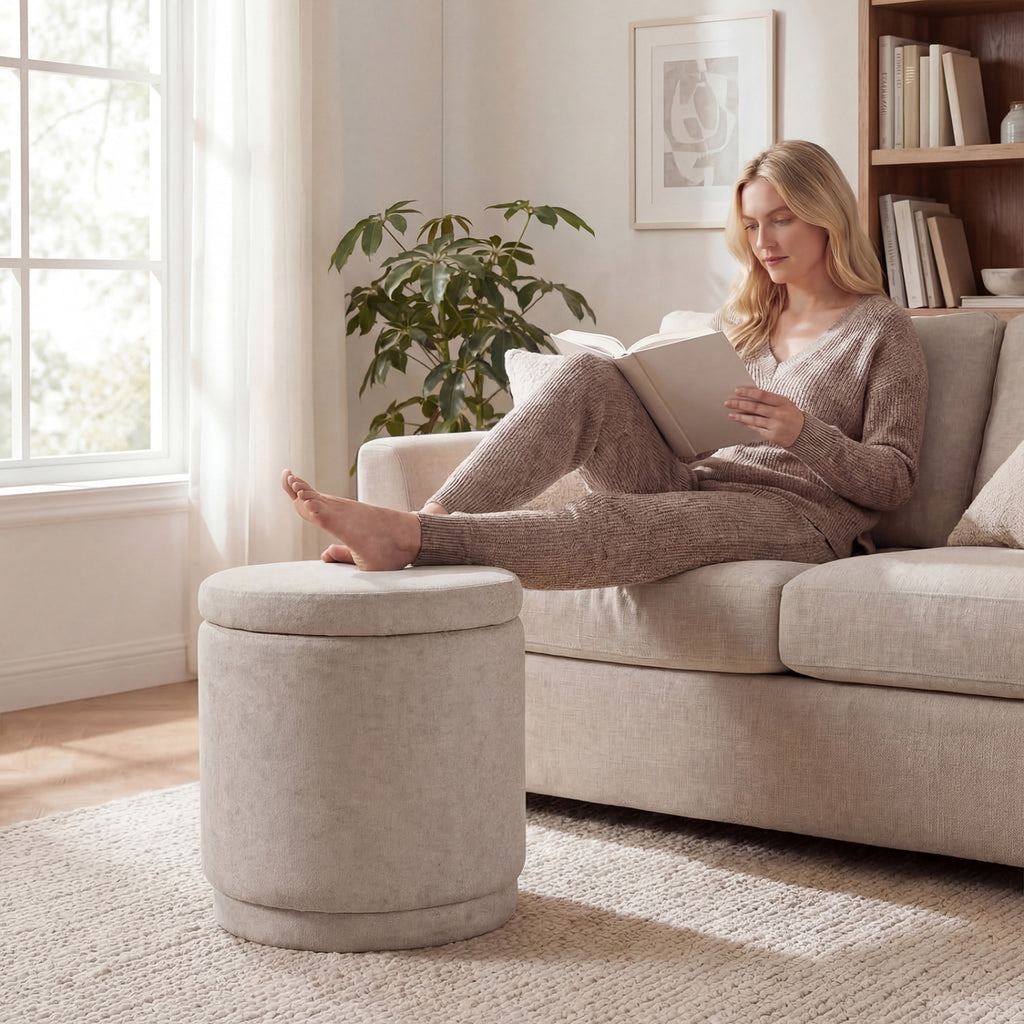 Round Storage Ottoman with Removable Lid, Beige Chenille