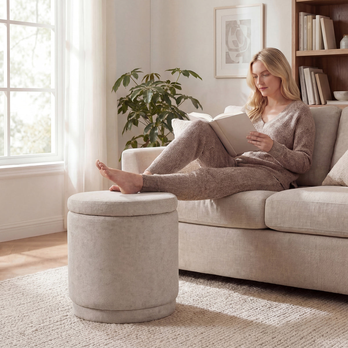 Round Storage Ottoman with Removable Lid, Beige Chenille