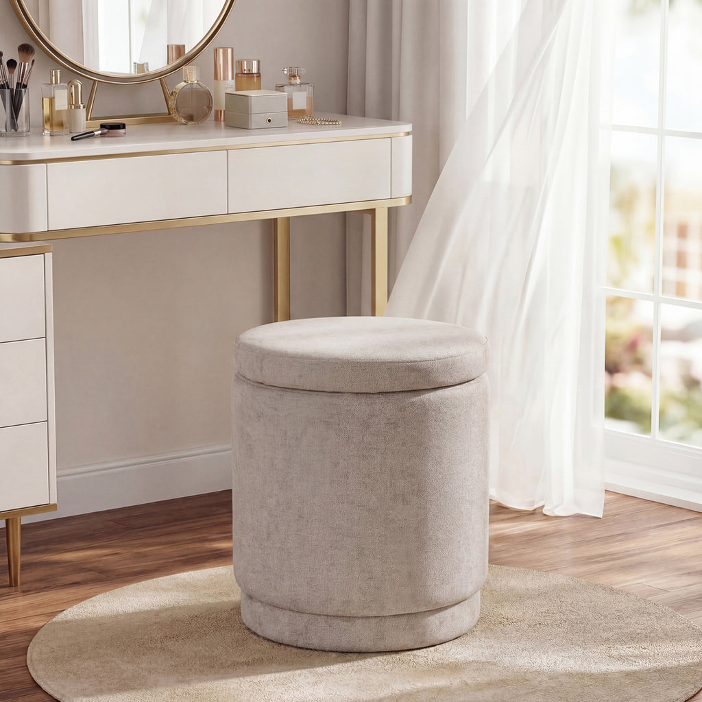 Round Storage Ottoman with Removable Lid, Beige Chenille
