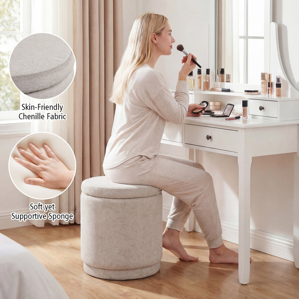 Round Storage Ottoman with Removable Lid, Beige Chenille