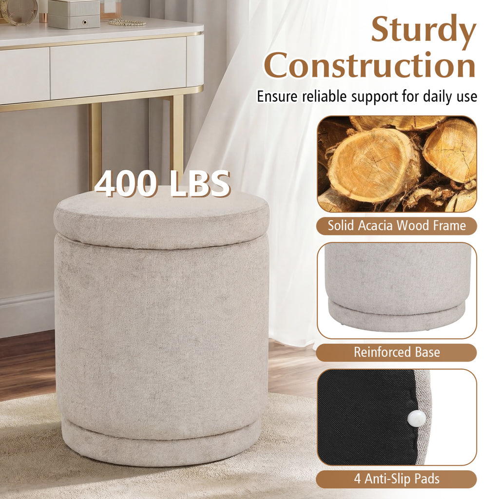 Round Storage Ottoman with Removable Lid, Beige Chenille
