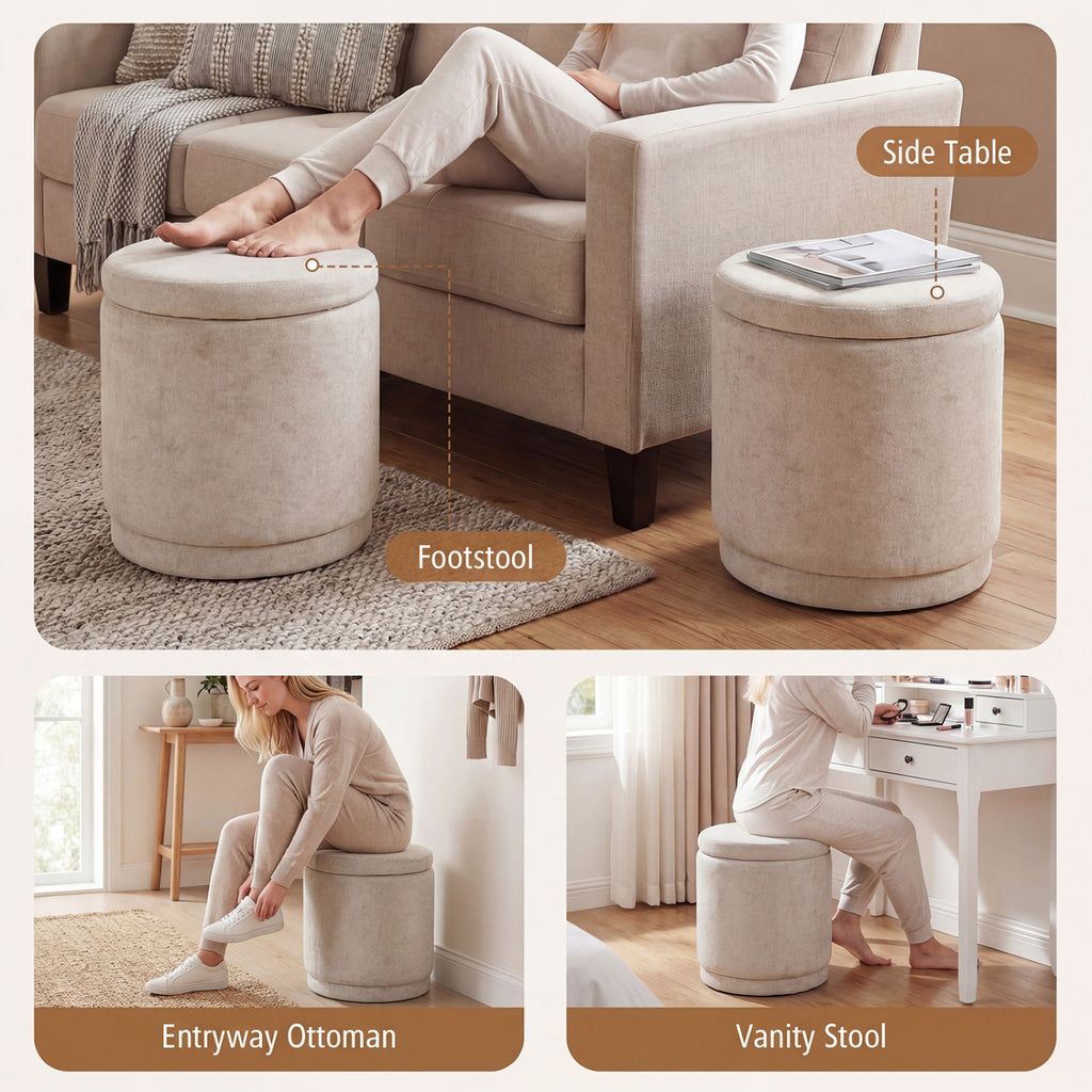 Round Storage Ottoman with Removable Lid, Beige Chenille