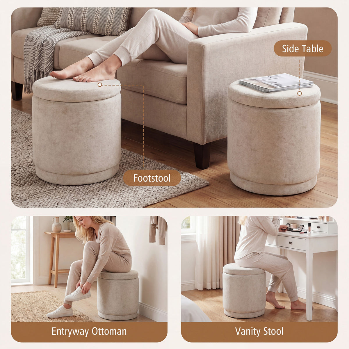 Round Storage Ottoman with Removable Lid, Beige Chenille