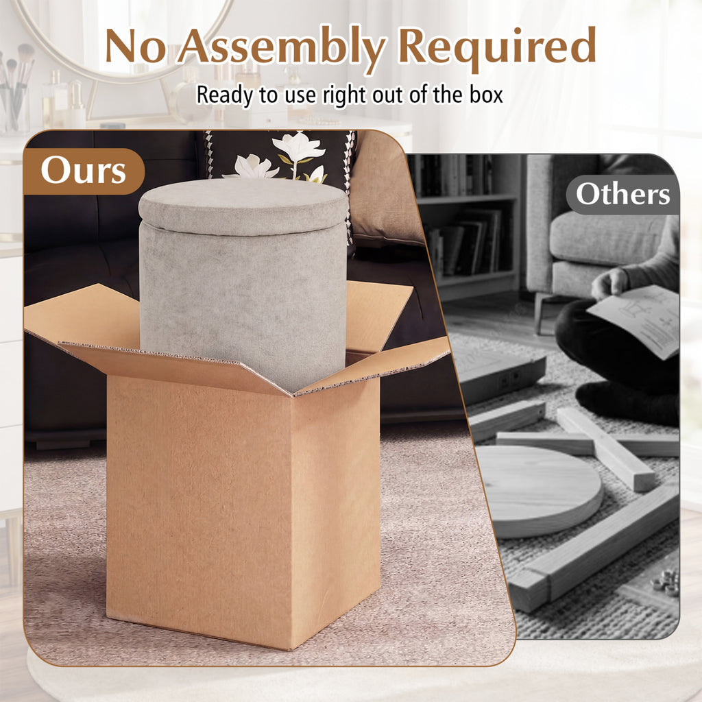 Round Storage Ottoman with Removable Lid, Beige Chenille