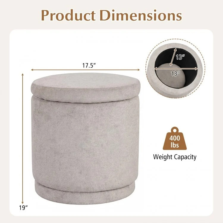 Round Storage Ottoman with Removable Lid, Beige Chenille