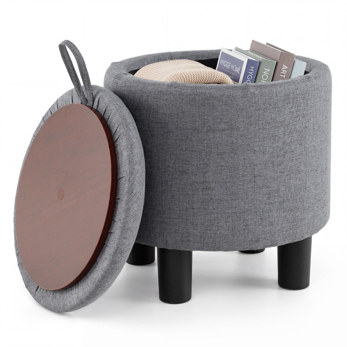Round Storage Ottoman Linen Fabric Gray