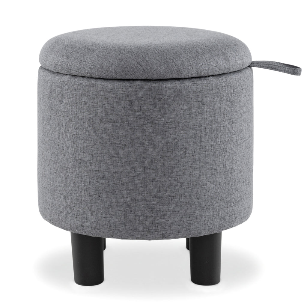 Round Storage Ottoman Linen Fabric Gray