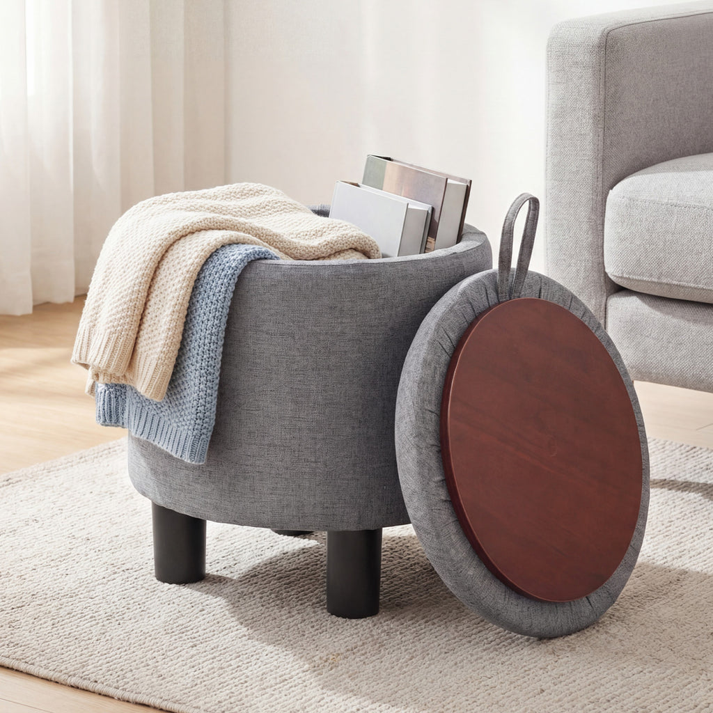Round Storage Ottoman Linen Fabric Gray