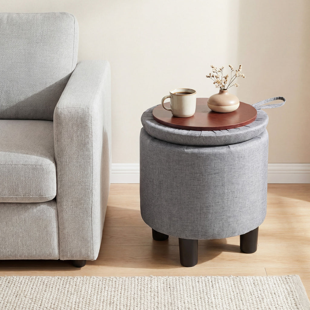 Round Storage Ottoman, Gray – Linen Upholstered Footrest Stool