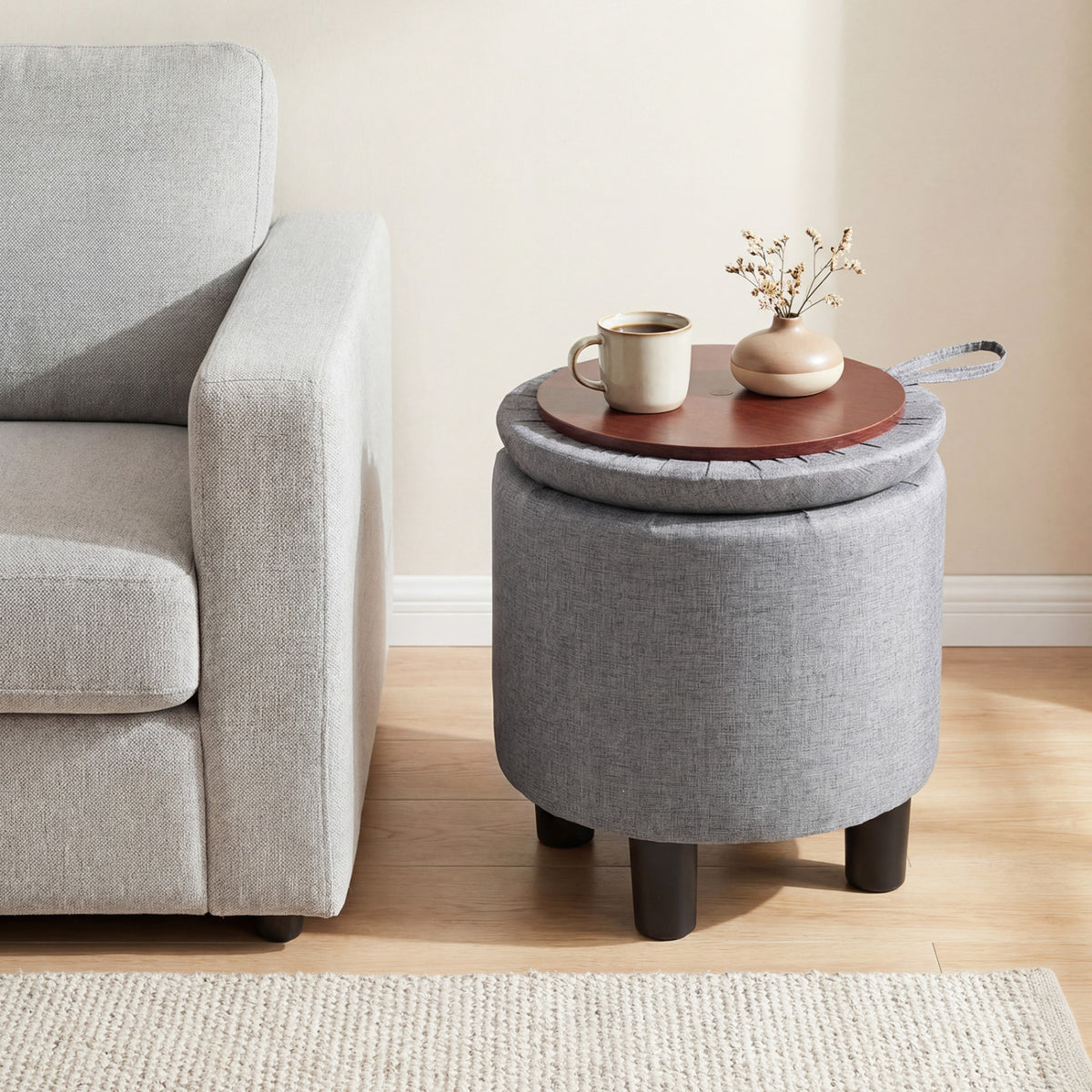 Round Storage Ottoman, Gray – Linen Upholstered Footrest Stool
