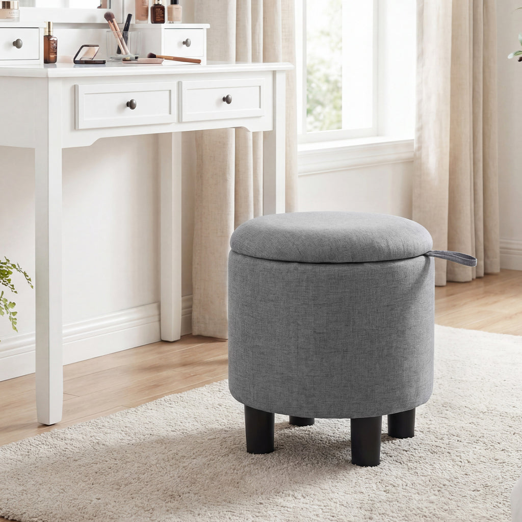 Round Storage Ottoman, Gray – Linen Upholstered Footrest Stool