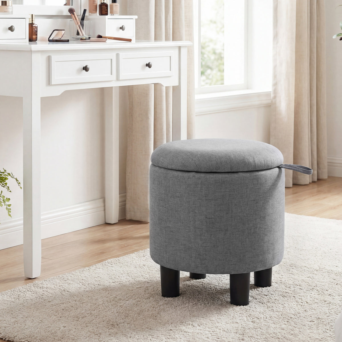 Round Storage Ottoman, Gray – Linen Upholstered Footrest Stool