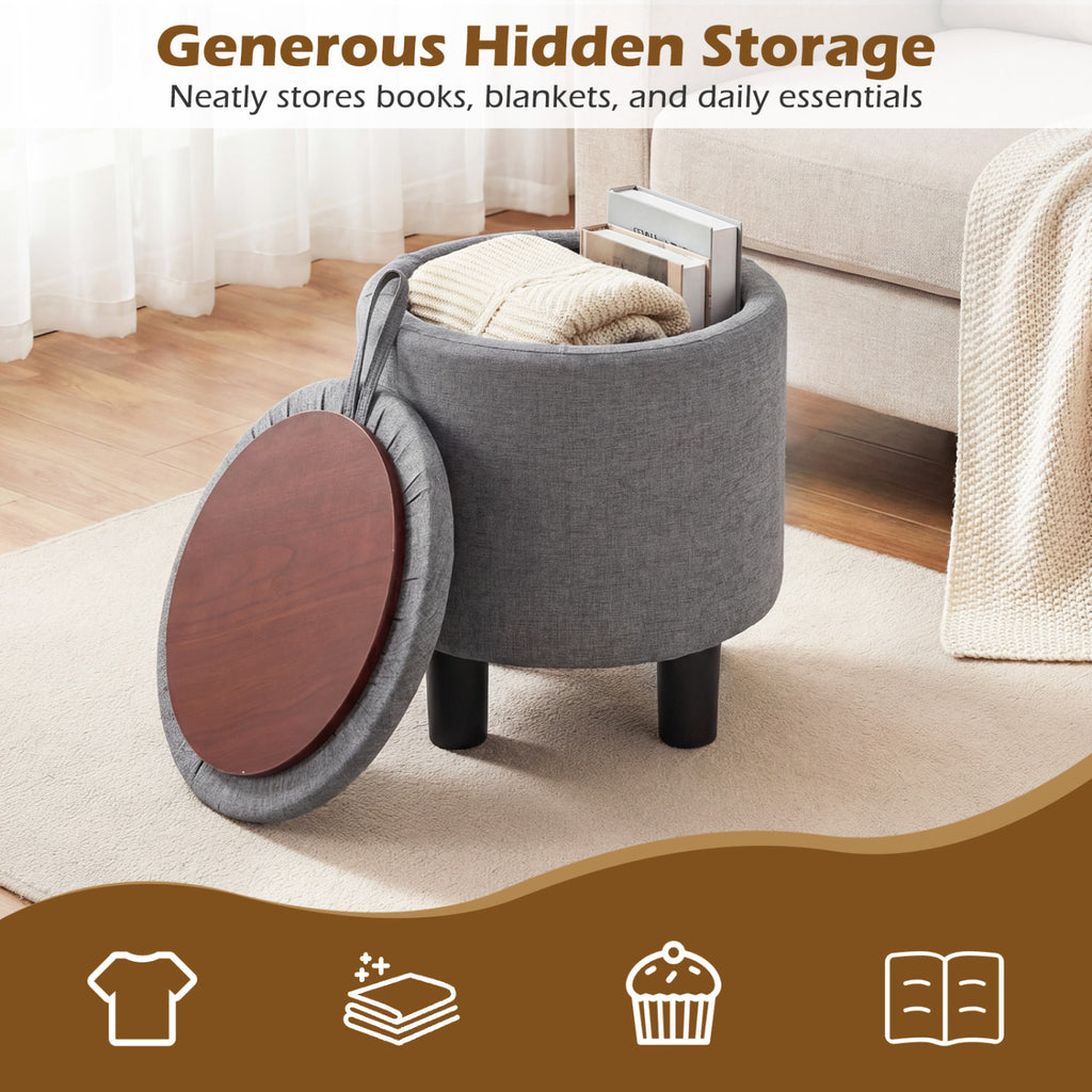 Round Storage Ottoman Linen Fabric Gray