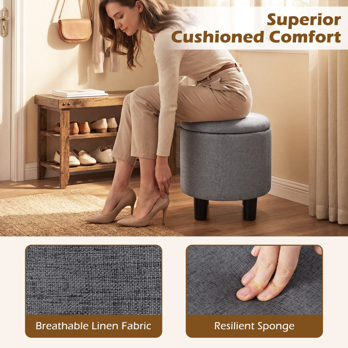 Round Storage Ottoman, Gray – Linen Upholstered Footrest Stool