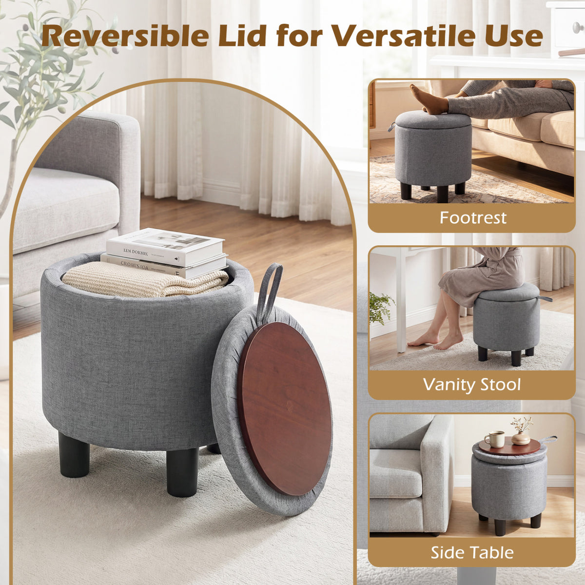 Round Storage Ottoman, Gray – Linen Upholstered Footrest Stool