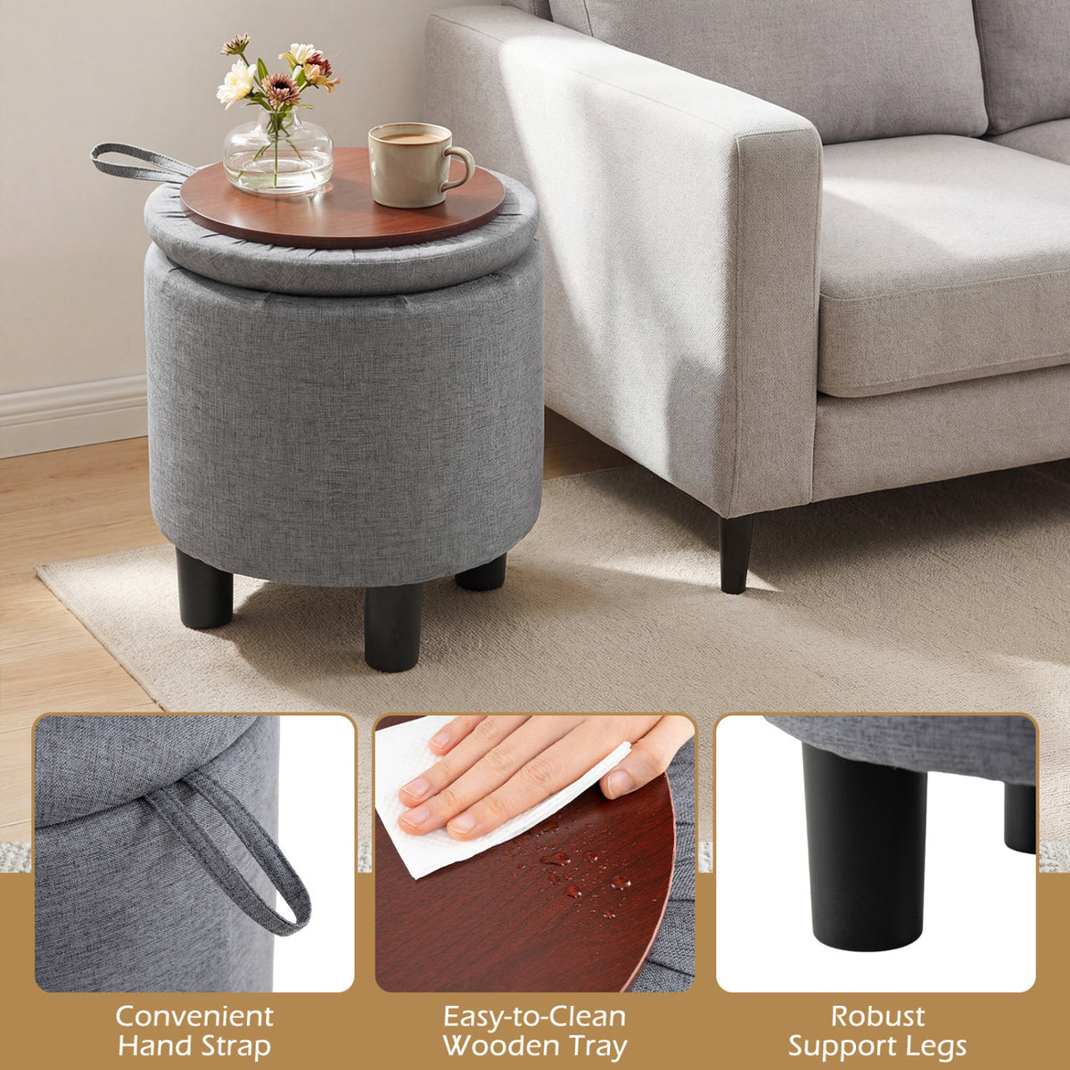 Round Storage Ottoman Linen Fabric Gray