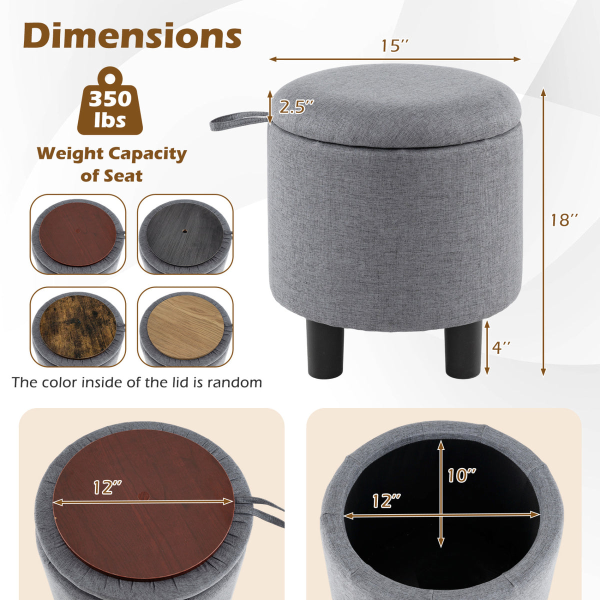 Round Storage Ottoman Linen Fabric Gray