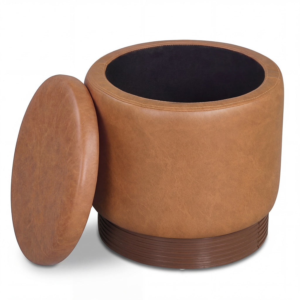 Round Storage Ottoman with Faux Leather, Brown - Acacia Wood