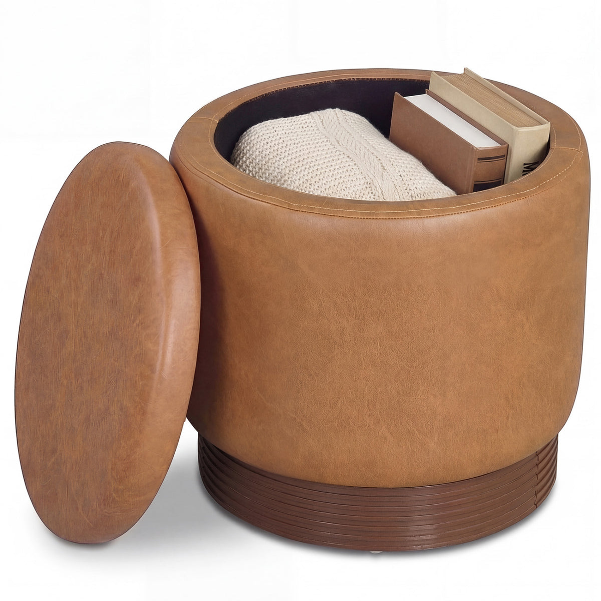 Round Storage Ottoman with Faux Leather, Brown - Acacia Wood