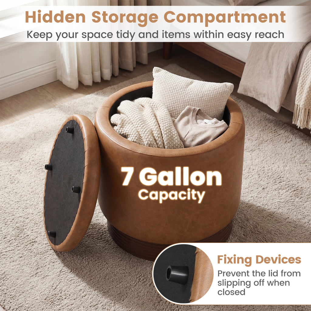 Round Storage Ottoman with Faux Leather, Brown - Acacia Wood