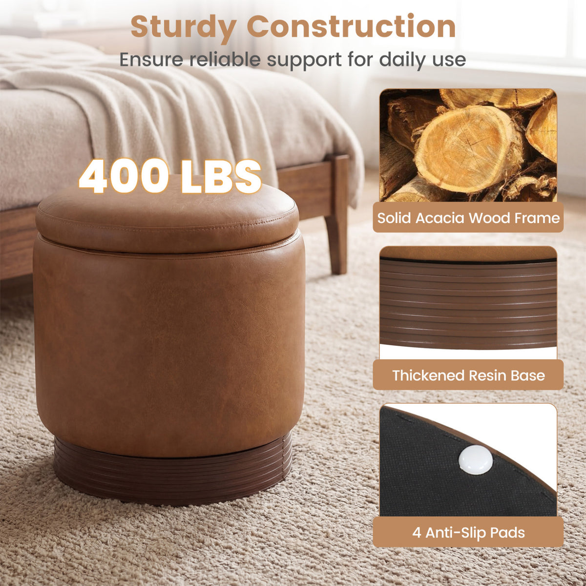 Round Storage Ottoman with Faux Leather, Brown - Acacia Wood