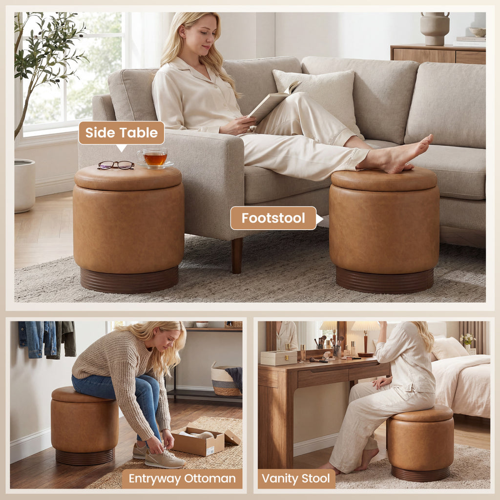 Round Storage Ottoman with Faux Leather, Brown - Acacia Wood
