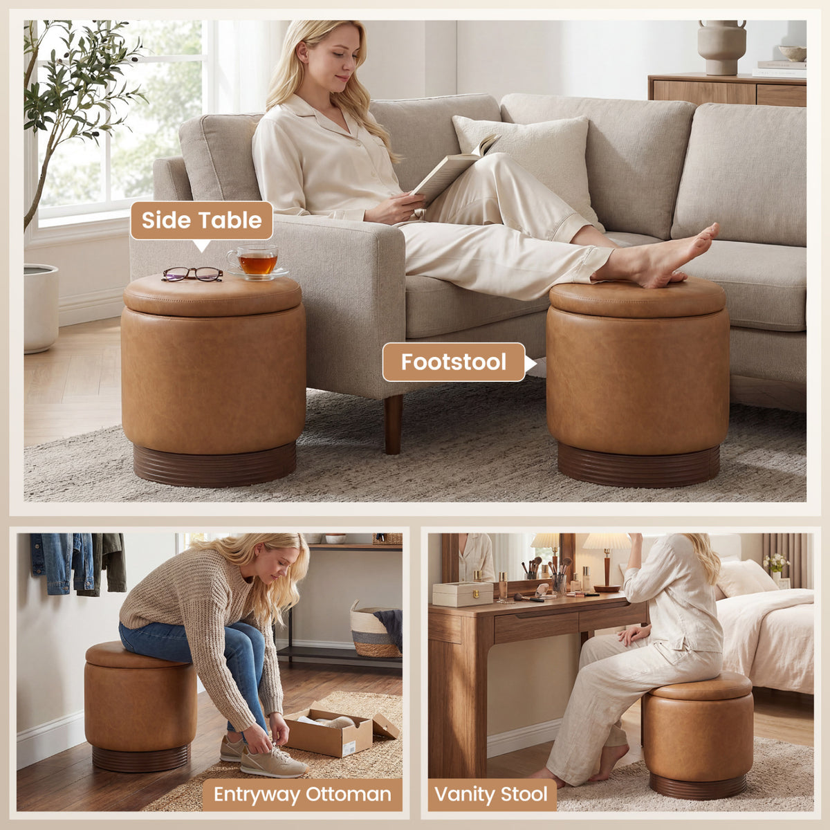 Round Storage Ottoman with Faux Leather, Brown - Acacia Wood