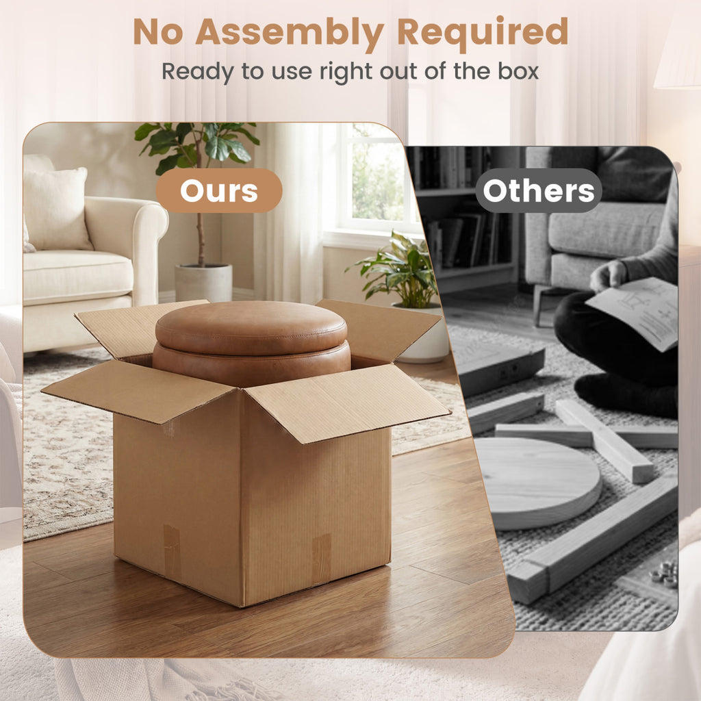 Round Storage Ottoman with Faux Leather, Brown - Acacia Wood