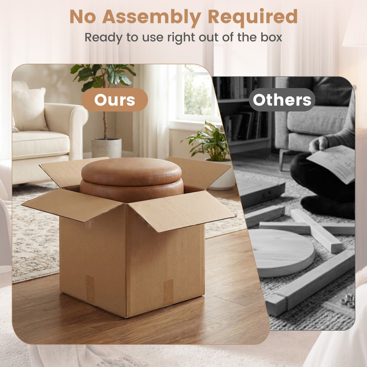 Round Storage Ottoman with Faux Leather, Brown - Acacia Wood