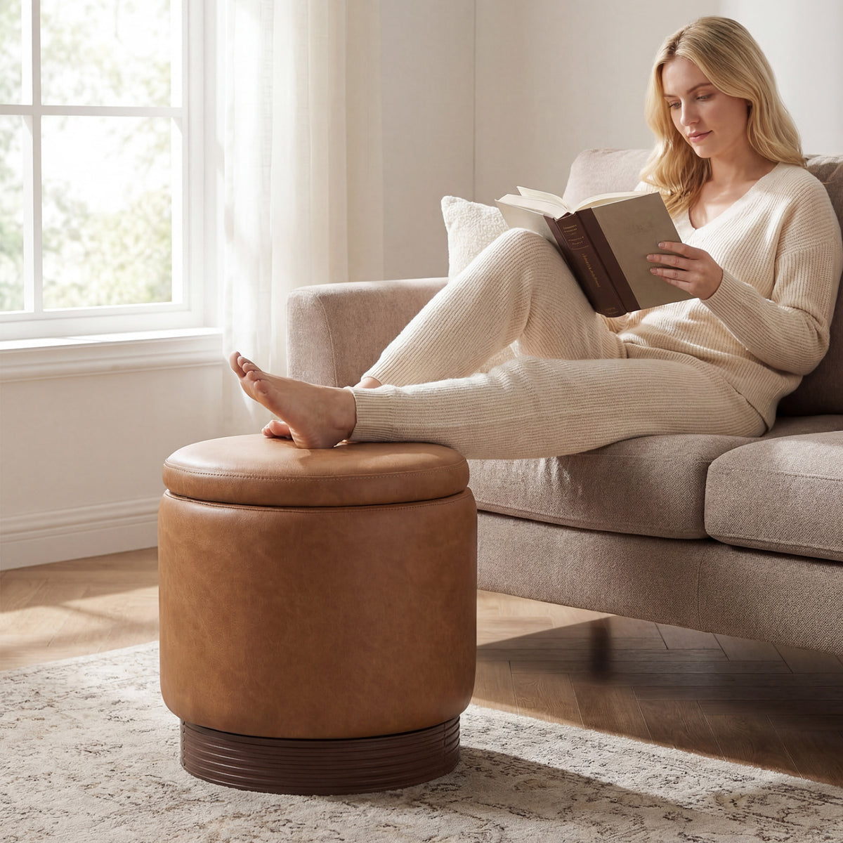 Round Storage Ottoman with Faux Leather, Brown - Acacia Wood