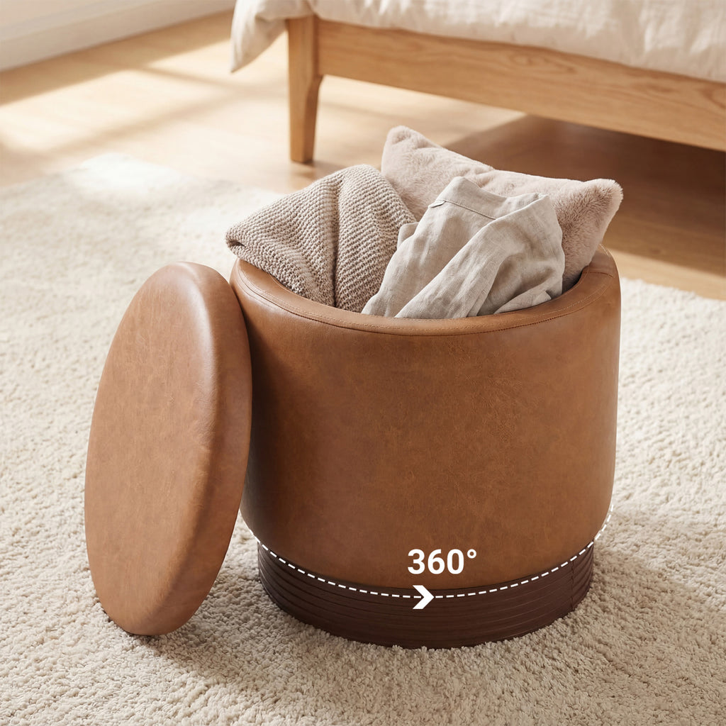 Round Storage Ottoman with Faux Leather, Brown - Acacia Wood