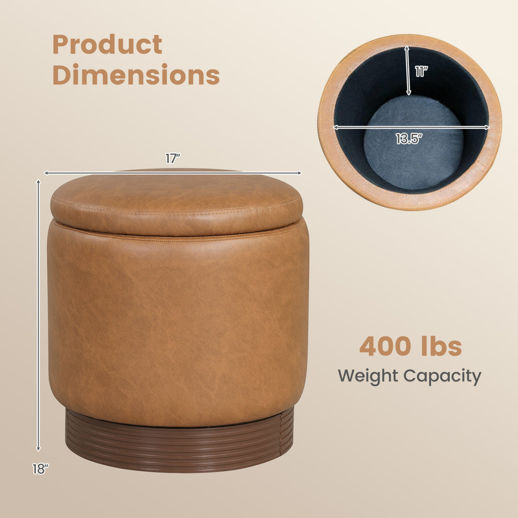 Round Storage Ottoman with Faux Leather, Brown - Acacia Wood