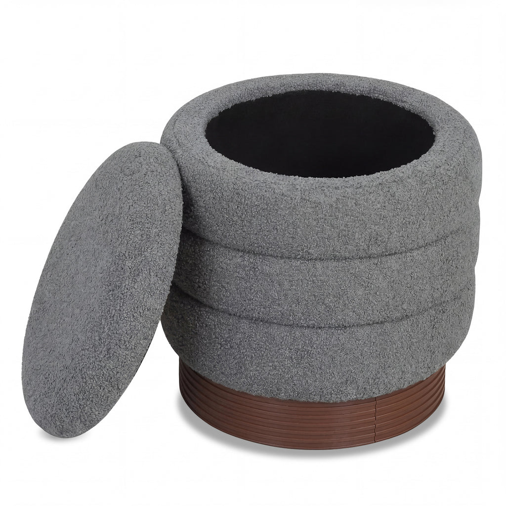 Round Storage Ottoman with Boucle Fabric – Gray, Acacia Wood