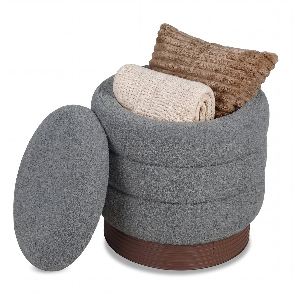 Round Storage Ottoman with Boucle Fabric – Gray, Acacia Wood