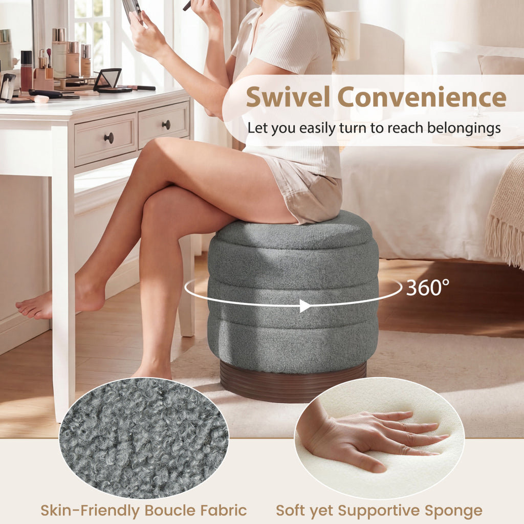 Round Storage Ottoman with Boucle Fabric – Gray, Acacia Wood
