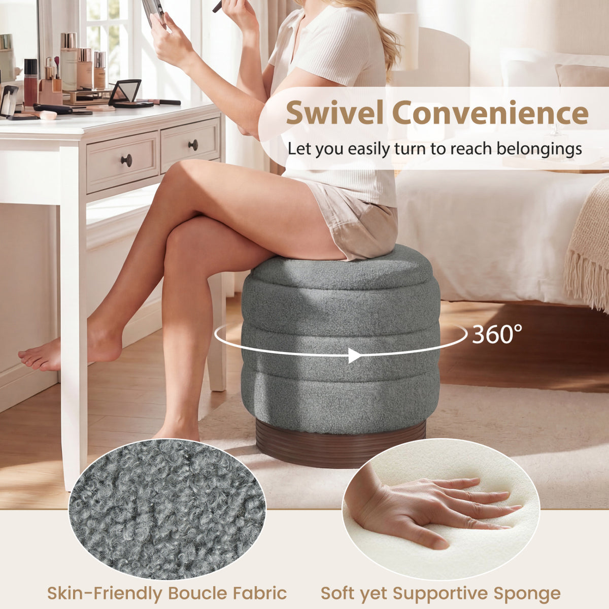 Round Storage Ottoman with Boucle Fabric – Gray, Acacia Wood