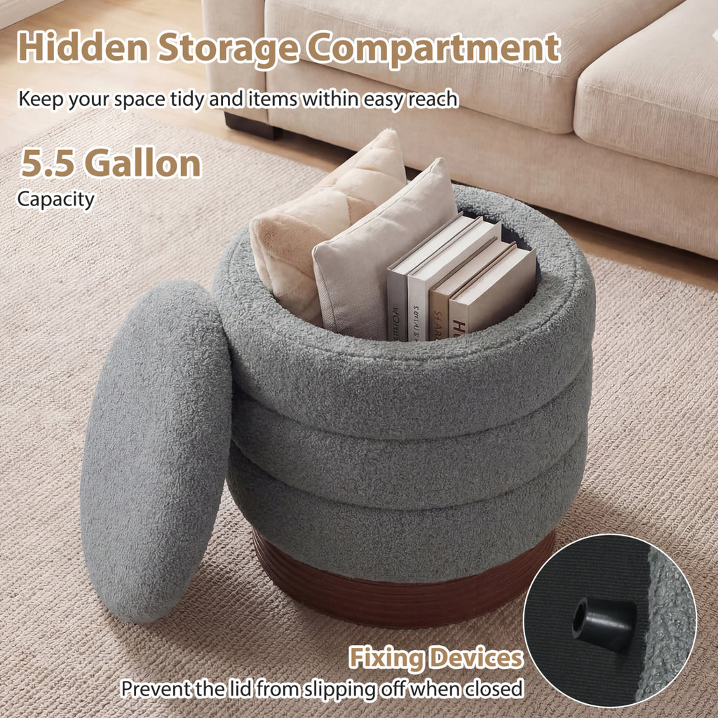 Round Storage Ottoman with Boucle Fabric – Gray, Acacia Wood