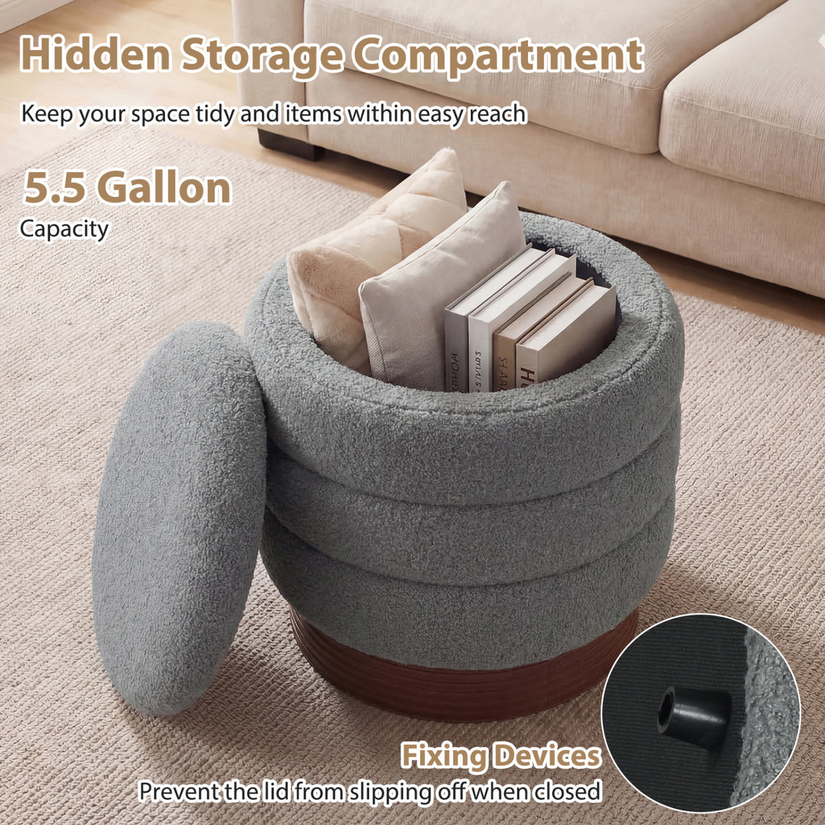 Round Storage Ottoman with Boucle Fabric – Gray, Acacia Wood