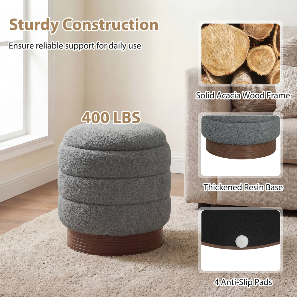 Round Storage Ottoman with Boucle Fabric – Gray, Acacia Wood