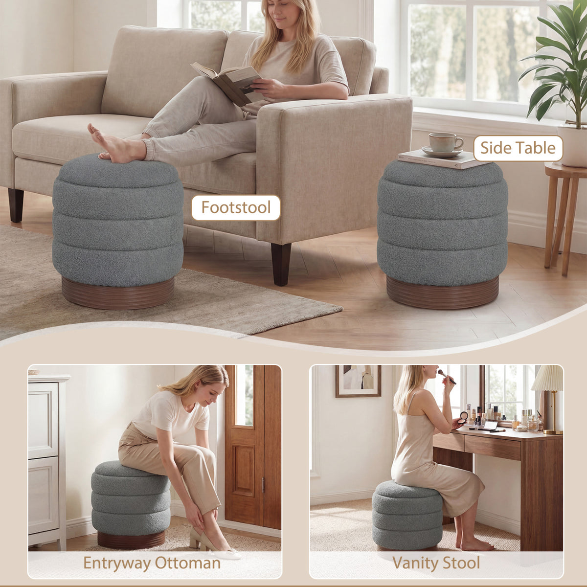 Round Storage Ottoman with Boucle Fabric – Gray, Acacia Wood