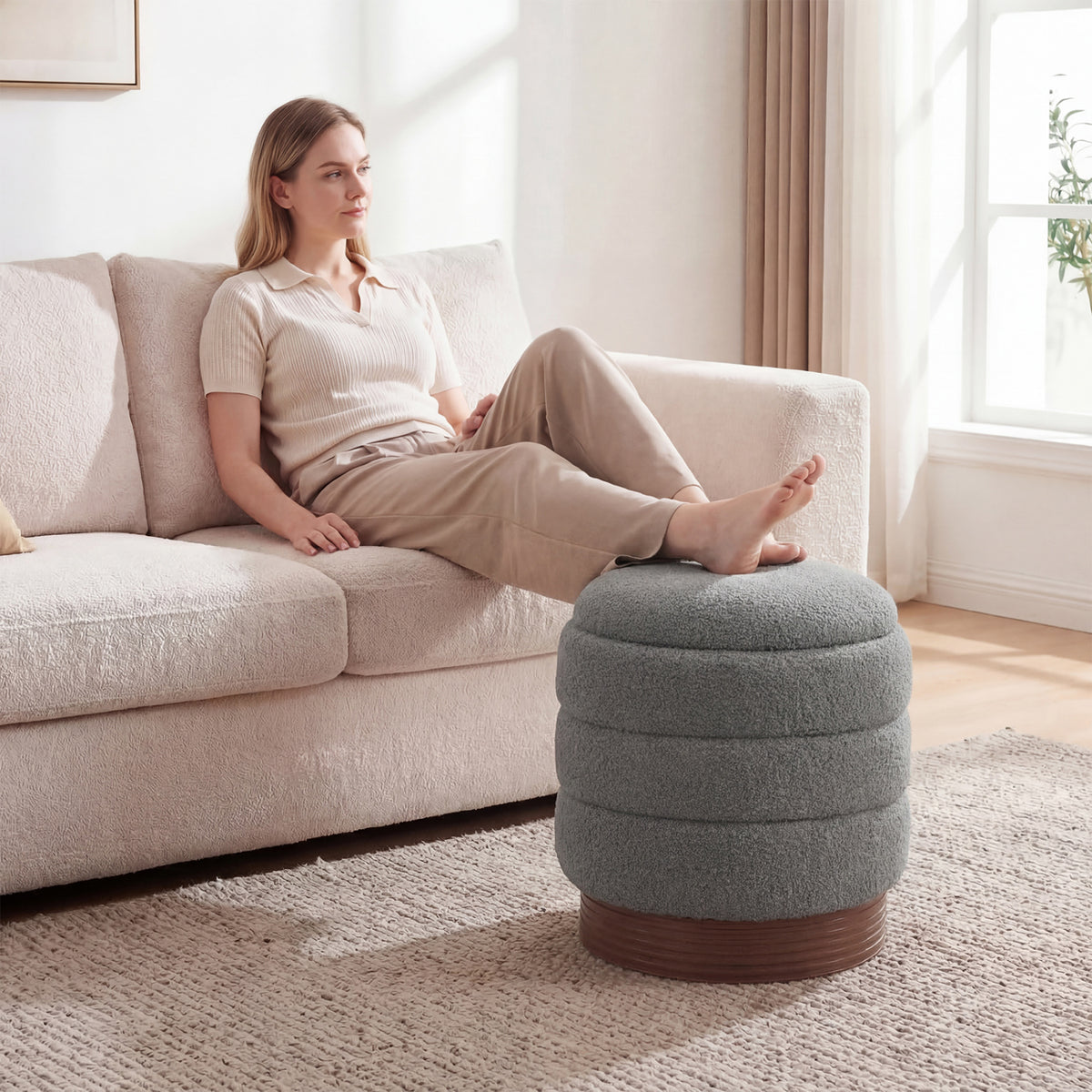 Round Storage Ottoman with Boucle Fabric – Gray, Acacia Wood