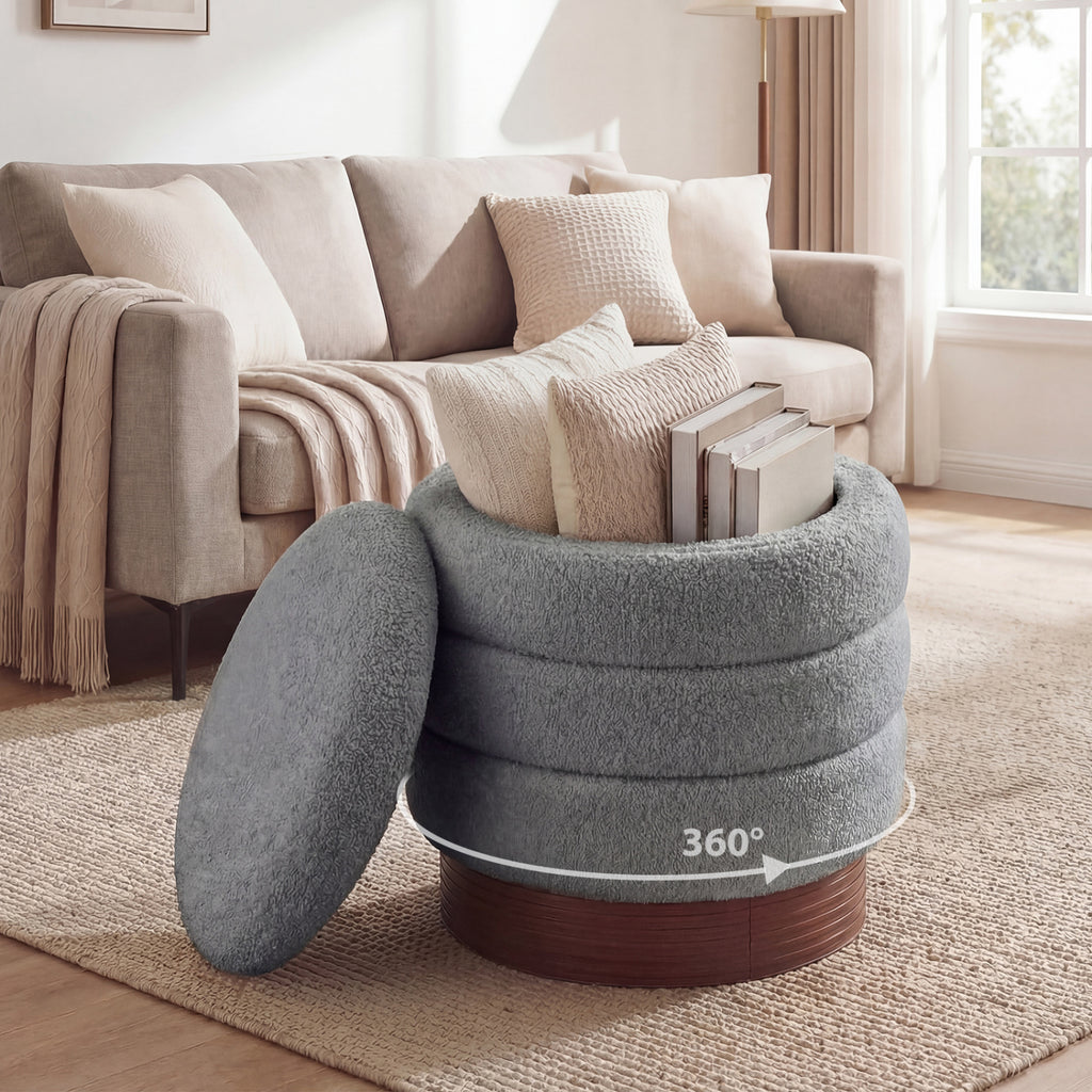 Round Storage Ottoman with Boucle Fabric – Gray, Acacia Wood