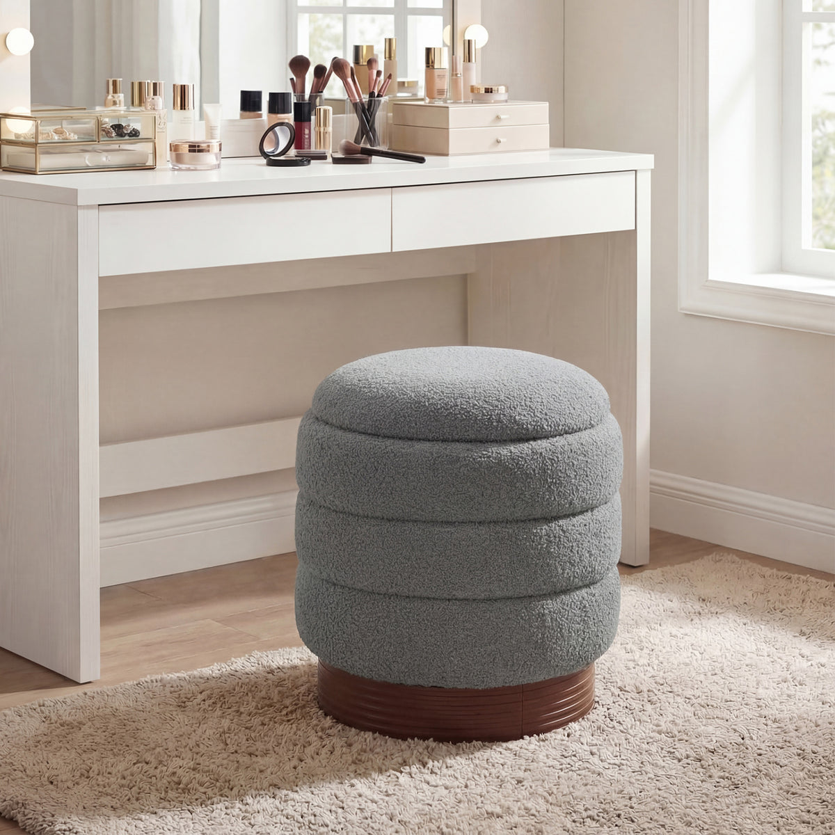 Round Storage Ottoman with Boucle Fabric – Gray, Acacia Wood