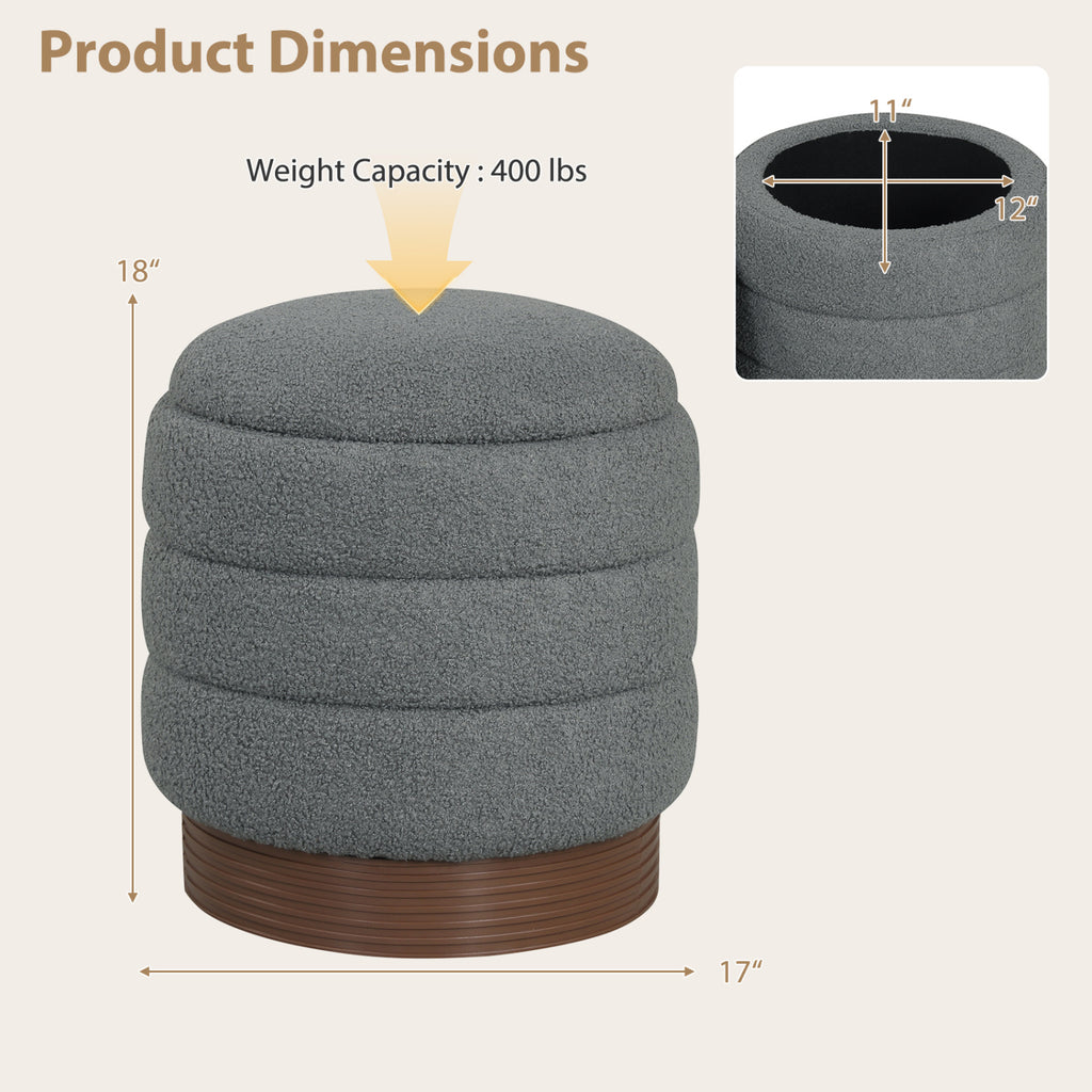 Round Storage Ottoman with Boucle Fabric – Gray, Acacia Wood