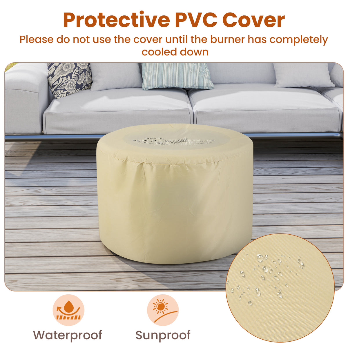 Round Terrazzo Propane Gas Fire Pit Protective PVC Cover, Lava Rocks