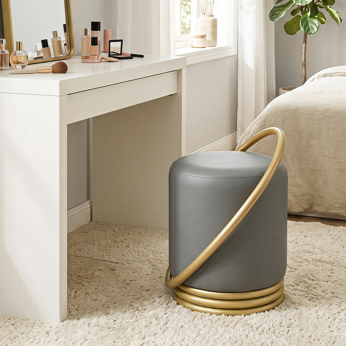 Round Vanity Stool Faux Leather Makeup Chair Gray