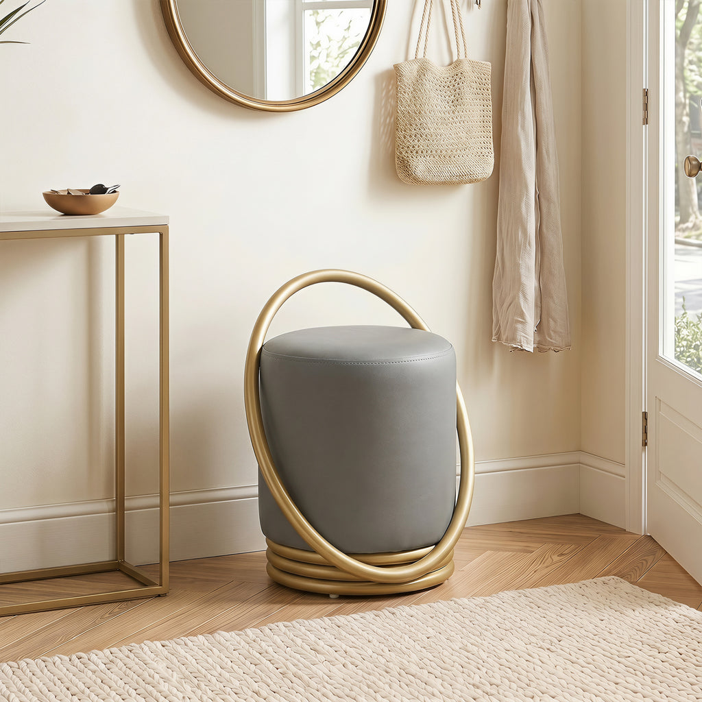 Round Vanity Stool Faux Leather Makeup Chair Gray