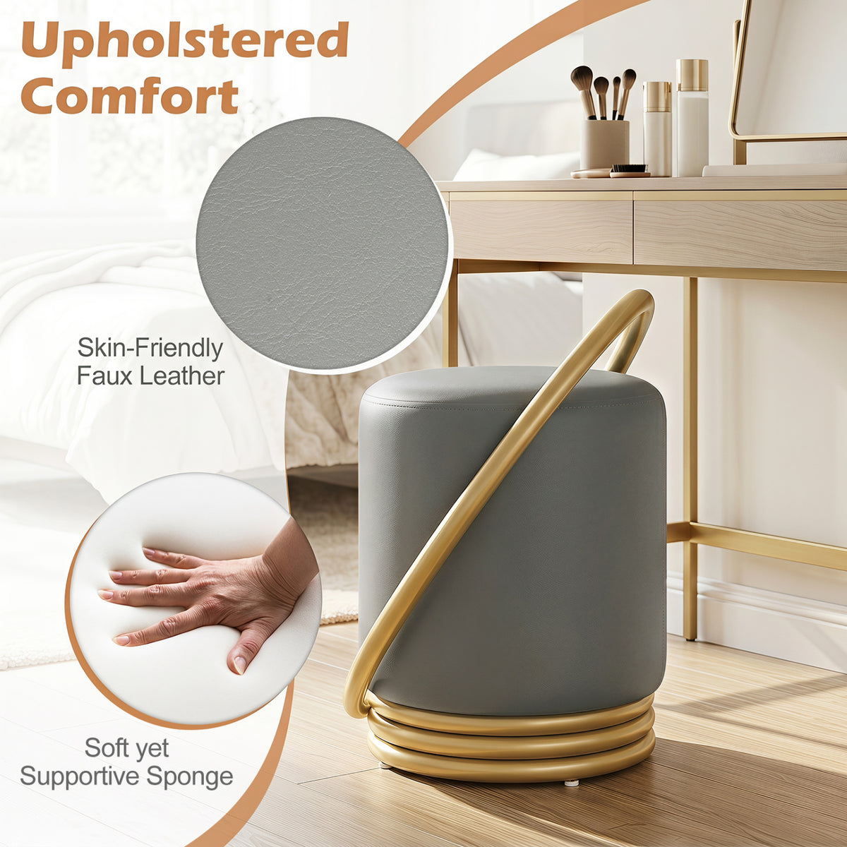 Round Vanity Stool Faux Leather Makeup Chair Gray
